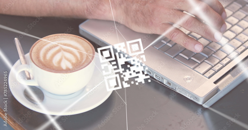 Poster image of qr code, data processing and networks over man using laptop