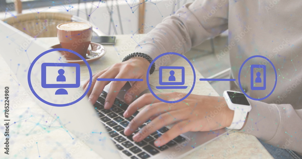 Poster image of data processing and networks over man using laptop