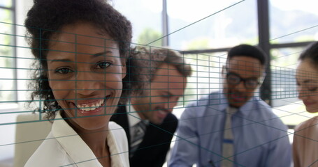 Image of shapes moving over diverse business people in office