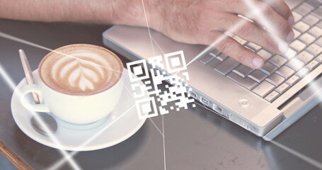 Image of qr code, data processing and networks over man using laptop