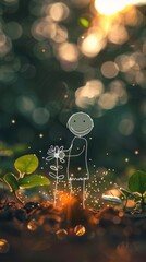 A white line art stick figure with a smile on face is planting small plant seeds in the ground. The background is a bokeh effect flower garden with burning green and sun light