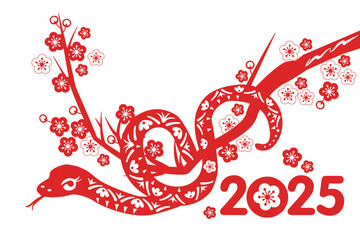 Year of the Snake, Chinese Zodiac Snake, Red Paper Cutout Design, Reptile on Plum Branch. Symbol of a happy new year. postcard for 2025