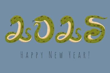 Happy New Year. Symbol of Chinese New Year 2025. Creative greeting card design with a cheerful green snake in the form of numbers. Vector illustration for congratulations. website banner template