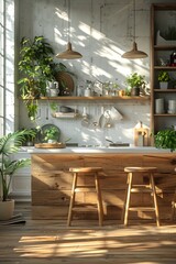 Modern contemporary kitchen interior, white and wood