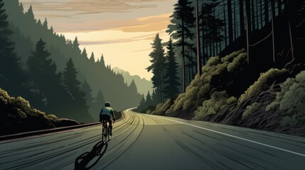 Cyclist ascending a mountain pass with winding road. Cyclist racing through mountainous terrain - obrazy, fototapety, plakaty