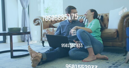 Image of data processing over caucasian couple using laptop
