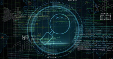 Image of icons with world map and data processing on black background