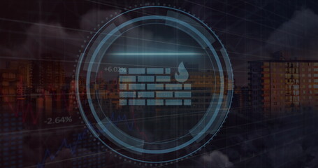 Image of cyber security text in shield and brick wall with fire icons over modern cityscape