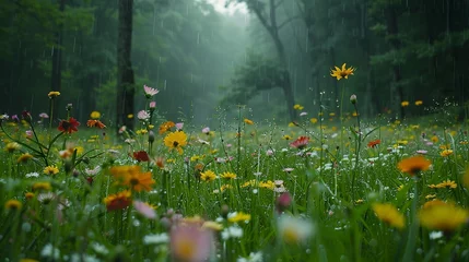 Fotobehang Rain-kissed wildflower field, forest silhouette, close-up, ground-level camera, overcast light  © Thanthara