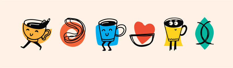 Set of retro doodle funny coffee characters and geometric shapes and doodles posters. Latte, cappuccino, coffee cup mascot. Nostalgia 70s, 80s. Print design for cafe - 785225702