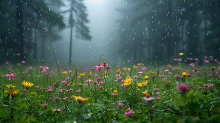 Obraz na płótnie Canvas Rain-kissed wildflower field, forest silhouette, close-up, ground-level camera, overcast light 