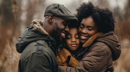 Fototapeta premium A military family standing together in a warm embrace, their faces full of smiles