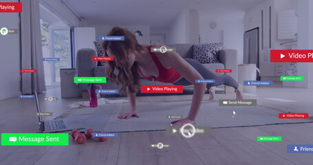 Image of media icons over caucasian woman doing push ups at home - obrazy, fototapety, plakaty