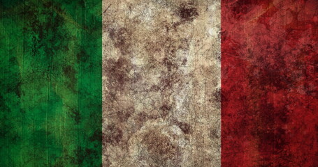 Image of grunge textured effect in seamless pattern over italy flag background with copy space
