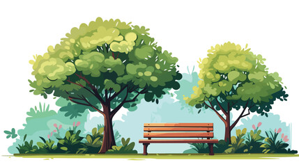 A tranquil garden with a wooden bench under a tree