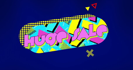 Image of huge sale text on retro speech bubble with abstract shapes