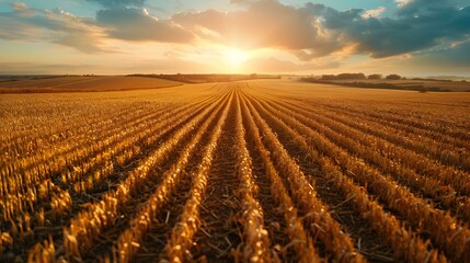 Sunset Symmetry over Thirsty Fields. Concept Nature Photography, Landscape Composition, Golden Hour Lighting, Vibrant Colors, Tranquil Settings
