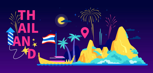 Fun nights in Thailand - modern colored vector illustration with mountains on the island, longtail boat, fireworks and crackers. Party for tourists, palm trees and full moon, summer vacation idea