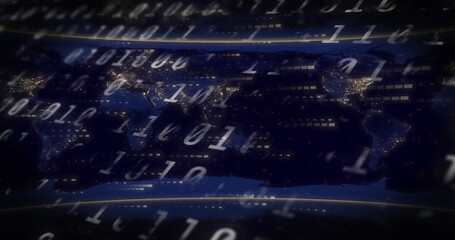 Image of data processing over world map on black background