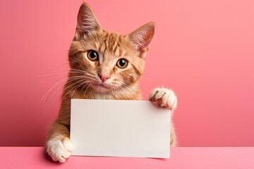 Orange tabby cat with blank white board on pink background