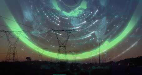 Image of data processing and world map over electricity pylons