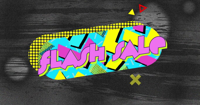 Image of flash sale text on retro speech bubble with abstract shapes