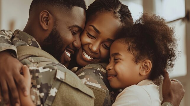 A military family standing together in a warm embrace, their faces full of smiles