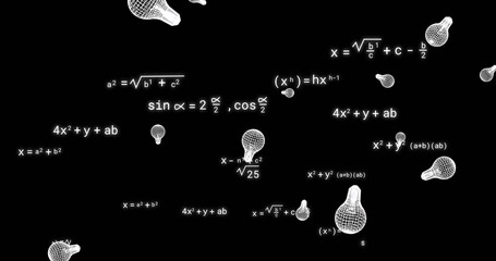 Image of light bulb icons over mathematical equations on black background
