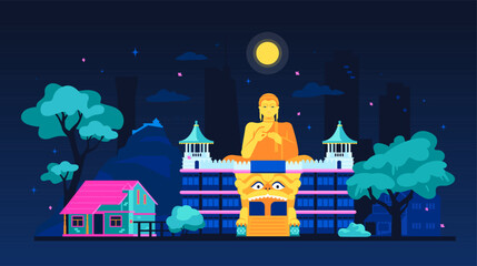 Dambulla Cave Temple - modern colored vector illustration with sights of Sri Lanka. Night city sights in south asia with big buddha statue and ancient temple fortress. Moon, palm trees and starry sky