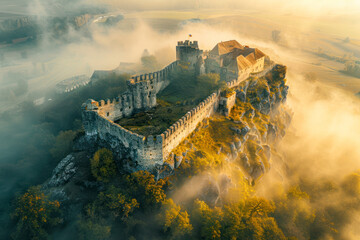 Aerial panoramic view of the Castle, Slovakia, in the morning sunlight with foggy background. Top view. - Powered by Adobe