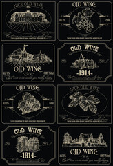 Wine labels set on a black background. Highly realistic illustration.