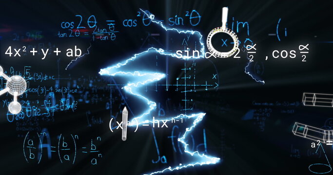 Image of icons over mathematical equations and lightning on black background