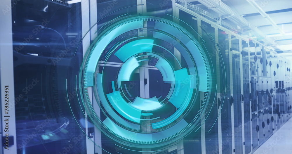 Poster image of loading circles and computer language over lens flares against server room