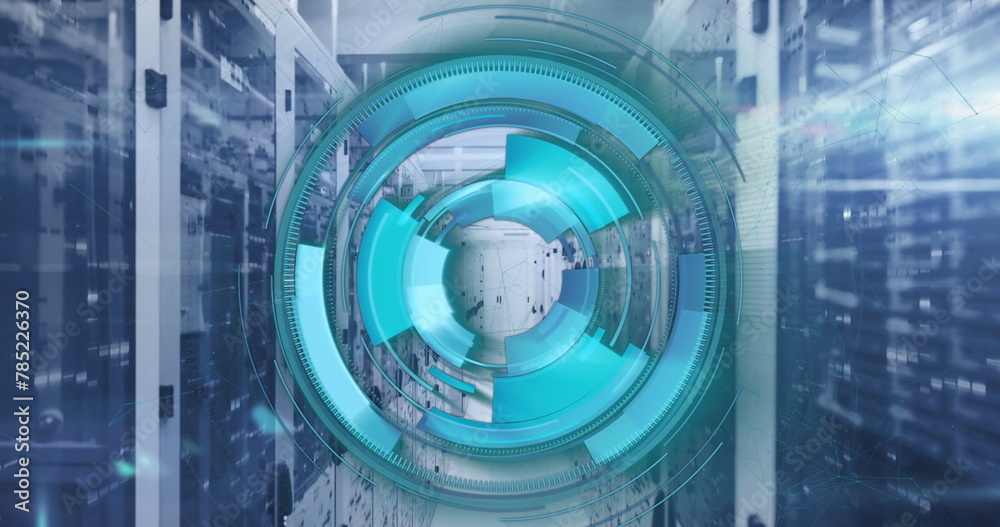 Poster image of loading circles and illuminated patterns moving on data racks in server room
