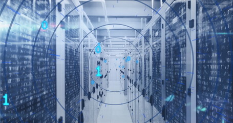Image of loading circles over binary codes moving between server racks at data center