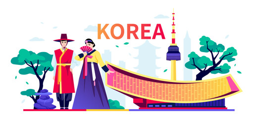 National attributes of South Korea - modern colored vector illustration with female and male hanbok national costume, Seoul TV Tower, Library in Sejong and nature with green trees. Welcome to Asia