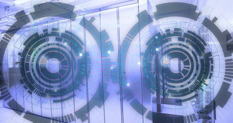 Image of loading circles over lens flares against server room in background