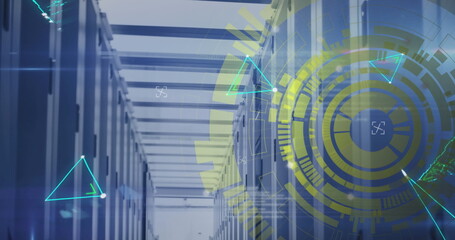 Image of loading circles over connected dots forming shapes against server room