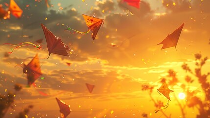 Colorful kites soaring high in the sky, against the backdrop of a golden sunset, as families gather to celebrate the joyous occasion of Basant.