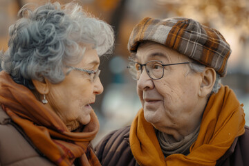 closeup of an elderly woman and an elderly man looking at each others, casual attire --ar 3:2 Job ID: b99f52f0-330e-465c-8e6b-e4665577da8d