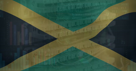 Fototapeta premium Image of texts and graphs over flag of jamaica against ethernet cables connected to modem