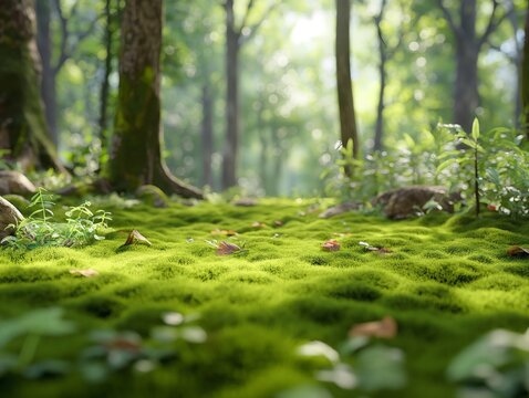 A lush green forest with a mossy tree trunk and a field of grass