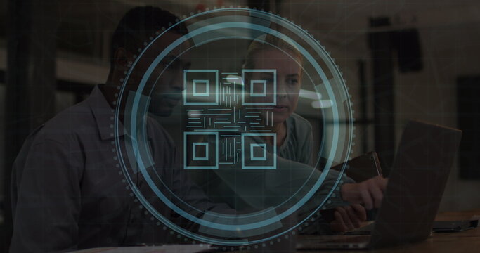 Image of cyber security text, barcode icon, diverse woman discussing with man over laptop
