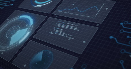 Image of radars, graphs, loading circles, circuit board pattern and computer language © vectorfusionart