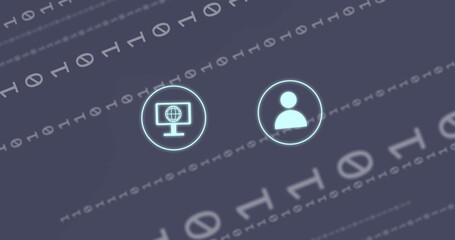 Image of interface with digital icons and binary coding against grey background