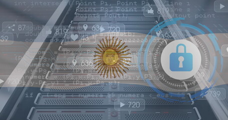 Image of notification bars, padlock over flag of argentina and computer language, data system