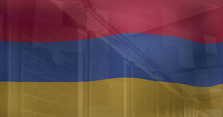 Image of flag of armenia waving with abstract lines over server room