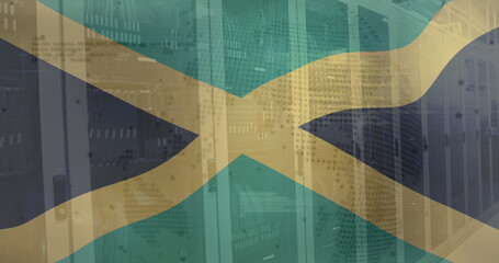 Image of flag of jamaica, computer language and globe over data server systems in server room