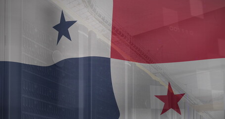 Image of flag of panama waving with abstract lines over server room