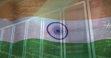 Fototapeta premium Image of computer language and flag of india over data server racks